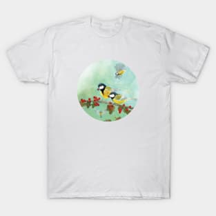 Great Tit Birds on a Hawthorn Branch T-Shirt